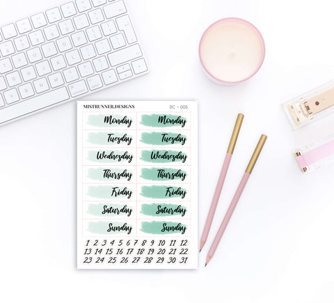 Green Watercolor Date Cover Planner Stickers | Mistrunner Designs
